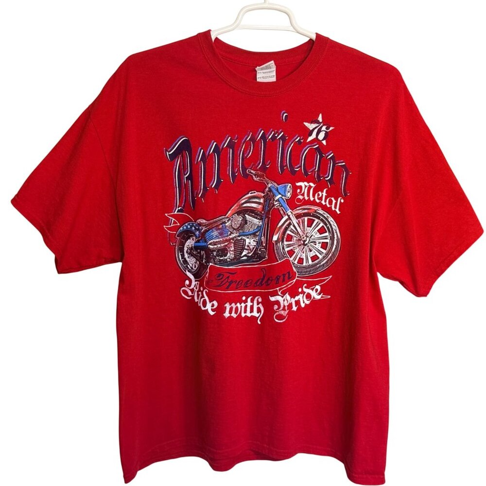 Gildan T-Shirt Mens 2XL Red Cotton American Metal Motorcycle Graphic Print